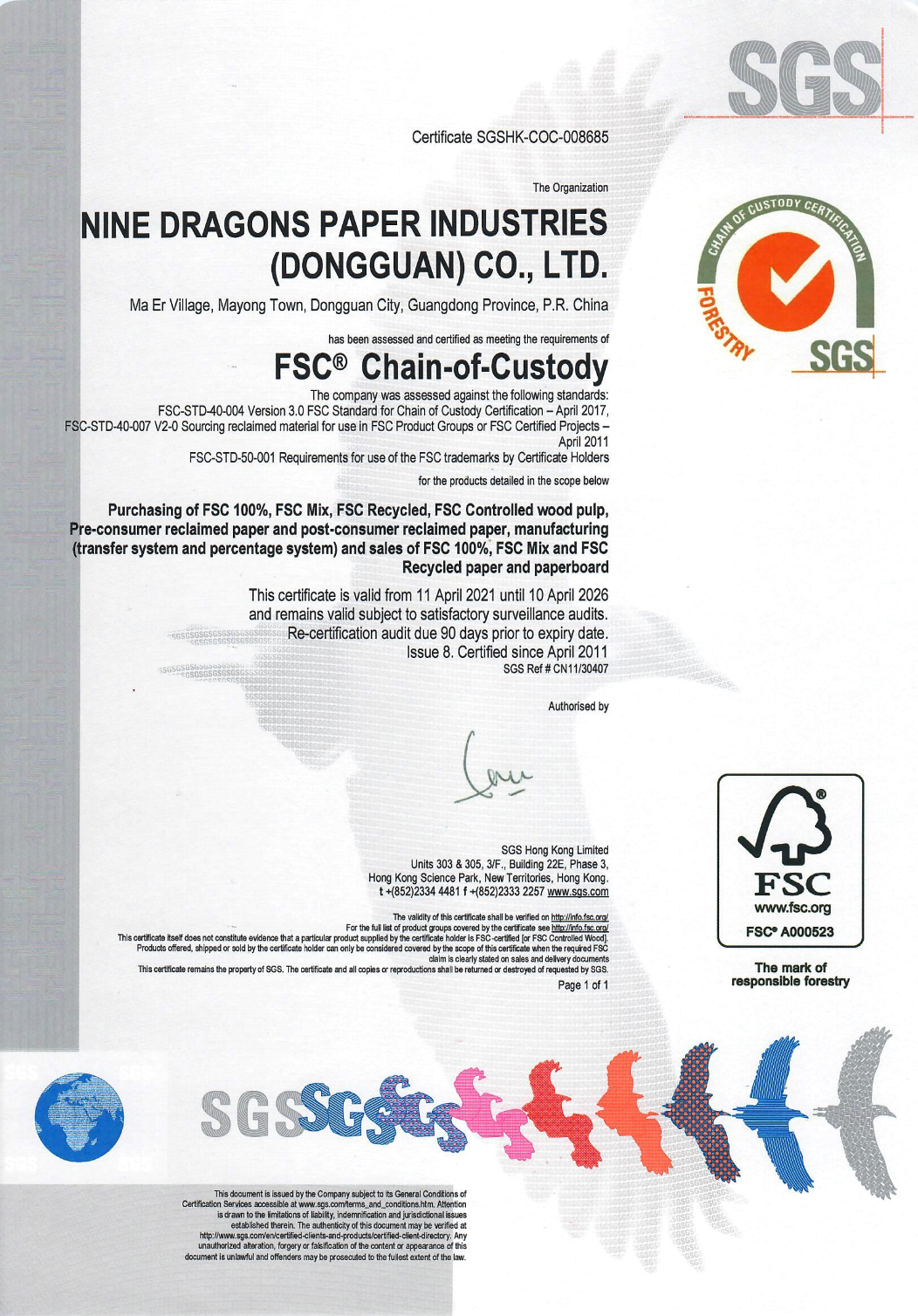 FSC certificate document for responsible paper sourcing